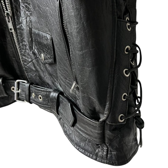 Mens Black Full Grain Leather Motorcycle Jacket Lace Up Sides Belt Size L - Picture 3 of 8